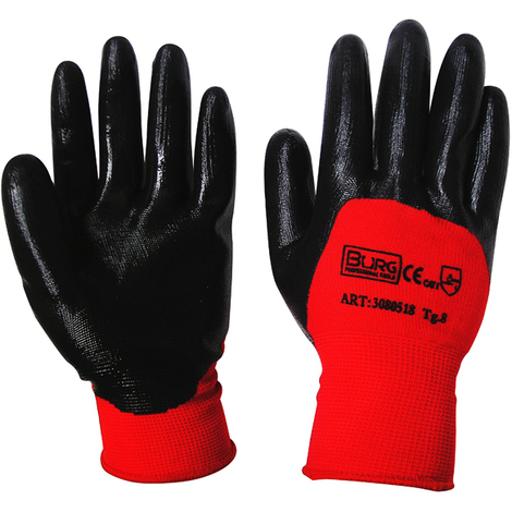 Tg 8 guanti lavoro nylon nitrile nero-rosso antinfortunistica protezione