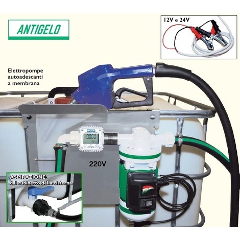 ELETTROPOMPA 12V COMPLETA  PER FUSTO DA 1000LT. 35LT/MIN PER TRAVASO ACQUA/ANTIGELO CON ATTACCO PER RUBINETTO DELLA CISTERNA E CONTALITRI ELETTRONICO