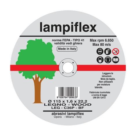 Disco abrasivo taglio legno lampiflex - Mm 115x22,2 h.mm 1,6
