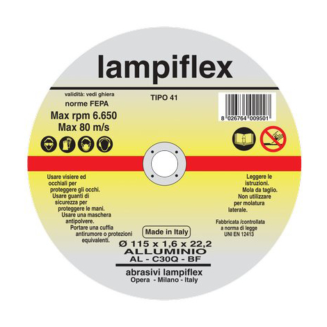 Disco abrasivo taglio alluminio lampiflex - Mm 115x22,2 h.mm 1,6