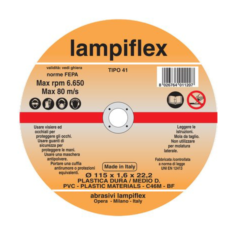 Disco abrasivo taglio pvc lampiflex - Mm 115x22,2 h.mm 1,6