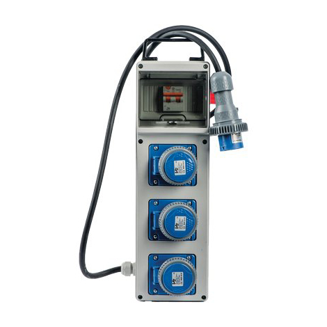 Quadro distribuzione blu + pulsante pl 220/3f vb - Prese cee blu x3 mm 150x450 h.mm 137