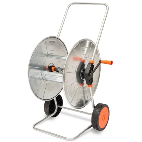 Carrello avvolgitubo con ruote in plastica, adatto a medie superfici; rullo e telaio in acciaio zincato per tubo 100 m da 1/2