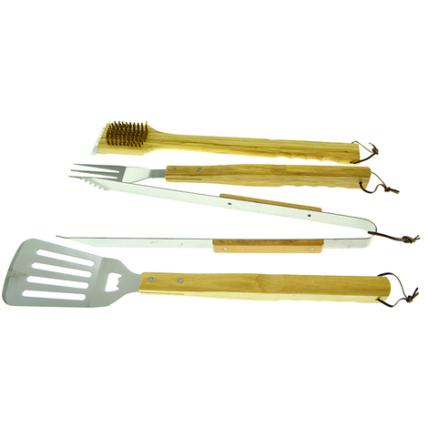 Set 4 attrezzi barbecue professional manico in legno accessori bbq arrosto fuoco