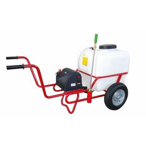 Carrello 120Lt battery con 10mt tubo e lancia, pompa a membrana 12V 4bar l/min 3,8 batteria 12V7,2A al piombo compresa, carica batteria compreso, carrello a telaio quadro di colore rosso