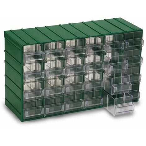Il monoblocco delle cassettiere � prodotto in polistirolo antiurto, i cassetti sono realizzati in polistirolo cristallo e i cassetti pi� grandi in polistirolo K Resin, particolarmente elastico e super antiurto, materiale trasparente che consente una per
