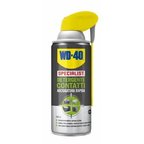 WD40 DETERGENTE CONTATTI 400ml. Il detergente per contatti WD-40 SpecialistTM dissolve efficacemente l' unto, i depositi di grasso, la sporcizia, la polvere, i residui del flusso di saldatura e la condensa sulleapparecchiature elettriche o elettroniche, c