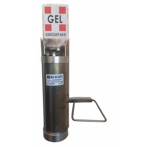 Dispenser con struttura in acciaio inox e con involucro esterno prodotto in Acciaio per erogazione di liquido igienizzante con azionamento a Gomito. Il sistema ha una capacit� � di igienizzante liquido pari a circa 0,80 litri. L'erogazione viene effettuat