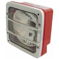 Proiettore simmetrico 140x140mm, dx e sx, luce abbagliante e anabbagliante, corpo e cornice in nylon nero, fissaggio a molla, presa bassa, lampadine non incluse