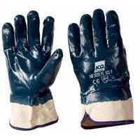 Guanto di protezione con rivestimento in gomma nitrilica di colore blu e manicotto in cotone. Ottima resistenza a contatto con olii, vernici e gasolio. Indicato per lavori di pulizia, agricoltura, giardinaggio, edilizia, industria pesante e leggera. Tagli