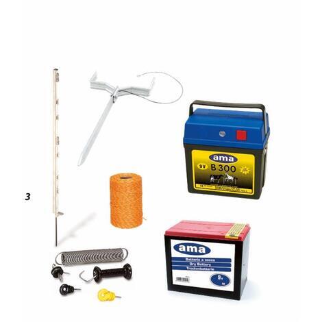 Kit per recinto elettrico AMA Ranch composto da 1 elettrificatore 9 V - 2 Km; 500 isolatori ad anello; 3 bobine con acciaio; 10 picchetti in plastica; 1 pila 9 V - 90 Ah; kit per porte.