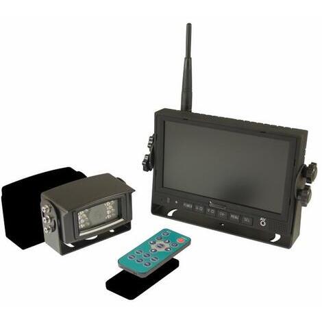 Kit videoretro wireless a colori 10-32 V in grado di supportare 4 telecamere. Risoluzione monitor 800x480. Immagine regolabile. Visione notturna: 22 m (28 m con infrarossi).