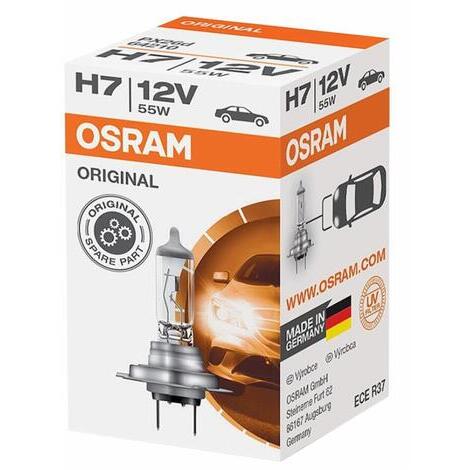 Lampadina H7, 12V, 55w, attacco PX26d, 1500 lm, temperatura colore 3200 K. Lampada alogena per proiettori auto e mezzi agricoli. Appartiene alla famiglia OSRAM ORIGINAL LINE la pi venduta! Qualit  da primo equipaggiamento, eccellente rapporto prezzo-pr