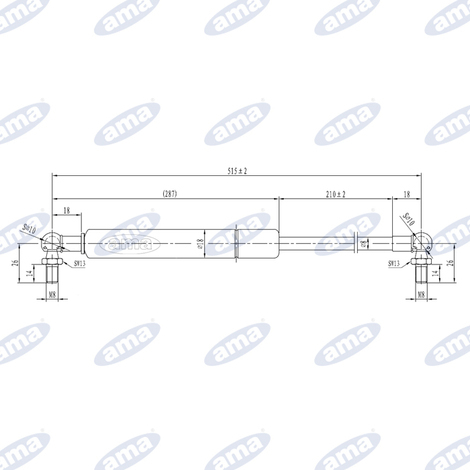 Molla a gas estensione massima 515 mm 360N, corsa 210 mm, asta  8 mm tubo  18 mm, attacco sfere in metallo M8x14 mm