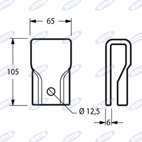 Brida per coltello adattabile JF 2129235. Altezza 105mm, larghezza 65mm, spessore 6mm,  foro 12,5mm.