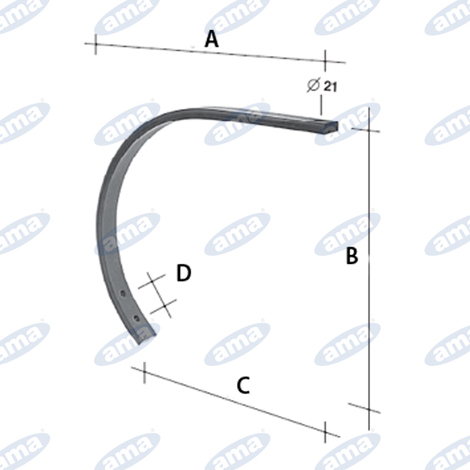 Molla monolama 55x25. A = 635 mm , B = 600 mm , C = 500 mm , D = 60 mm.