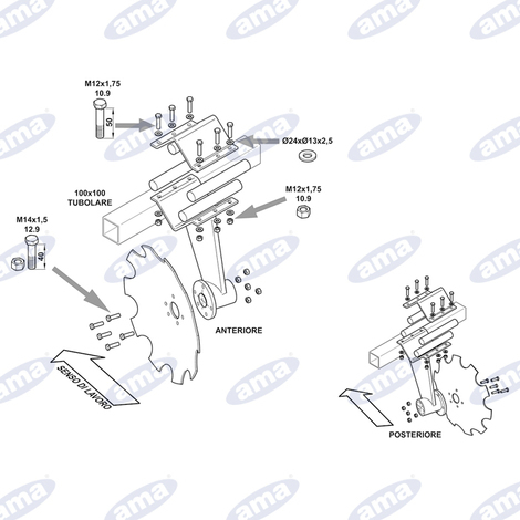 Gruppo mozzo completo posteriore per erpice a dischi indipendenti da 610 mm, tubolare 100x100 e mozzo saldato.