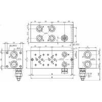 Piastra monoblocco per elettrovalvole CETOP 3 a 7 stazioni, attacchi laterali, completa di valvola di massima pressione. Materiale Ghisa GG25