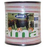 Banda bianca-rossa per recinzioni elettriche da 200 mt, larghezza 12 mm. 6conduttori acciaio  0,20+ 1conduttore ottone 0,15 mm.