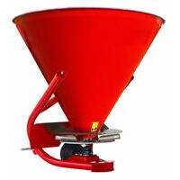 Spandiconcime modello conico con tramoggia in acciaio, sistema di spaglio a disco a 4 palette, ideale per concimazioni granulari o cristalline. Dotazione Standard: verniciatura anticorrosiva, palette e disco in cataforesi, fori d'uscita del concime latera