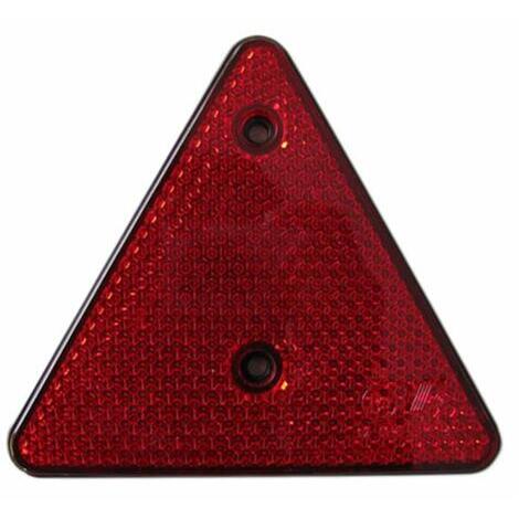 Triangolo rifrangente rosso con fori per viti M5, in metalcrilato, interasse di fissaggio 70 mm, retro-riflettente classe IIIA, dimensioni: 155x137 mm