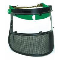 Visiera protettiva regolabile combinata in rete e policarbonato per lavori di giardinaggio e cura del verde. Protegge l'operatore da sassi, rami, e residui di lavorazione. CE-EN166-EN1731 EU2016/425.